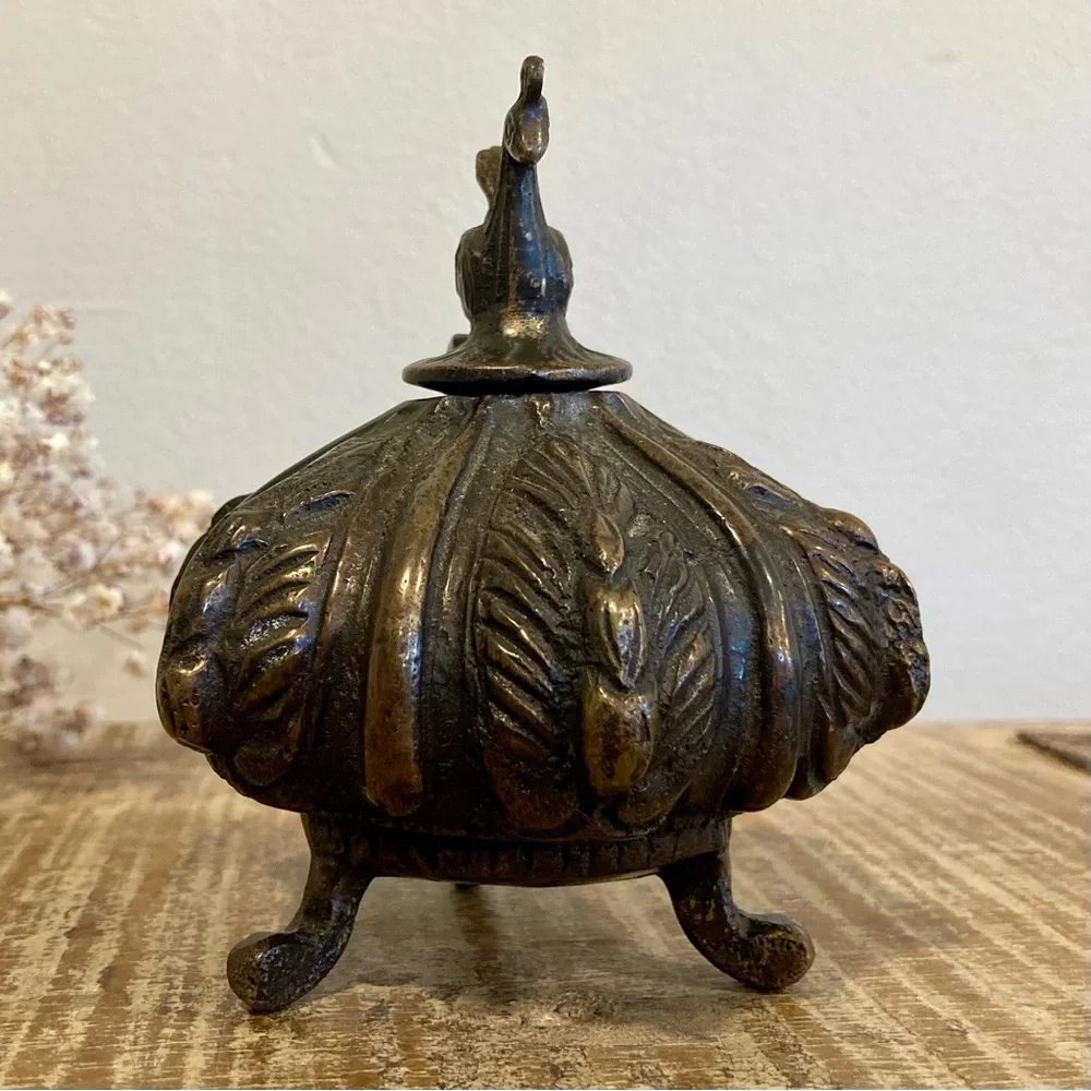 Vintage Ornate Footed Metal Inkwell with Rooster Lid